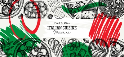 Hand drawn pizza, pasta and risotto banner in collage style. Italian cuisine vector background. Mediterranean food ingredients - cheese, olives, canape, tinned fish. Trendy menu design template